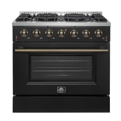 FORNO Galiano 36-Inch Freestanding Gas Range In With Antique Brass Design, 6 Burners, 83, 000 Btu, 5.36 Cu.ft. Convection Oven In Black