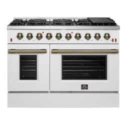 FORNO Galiano 48-Inch Gas Range & Antique Brass Design, 8 Burners, 107, 000 Btu, Griddle, 6.58 Cu.ft. Double Ovens In White