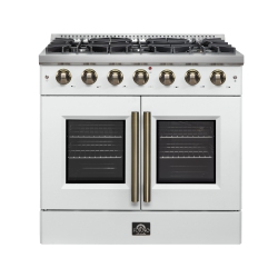 FORNO Galiano 36-Inch French Door Gas Range And Antique Brass Design, 6 Sealed Burners 83, 000 Btu, 5.36 Cu.ft. Convection Oven In White
