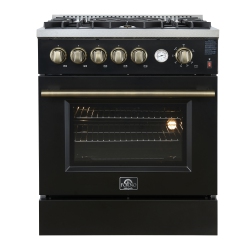 FORNO Giovanni 30-Inch Gas Range & Antique Brass Design, 5 Burners 67, 000 Btu, 4.32 Cu.ft. Convection Oven In Black
