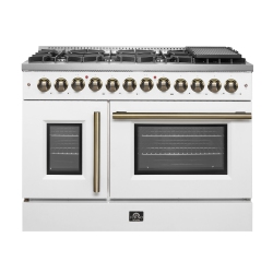 FORNO Galiano 48-Inch French Door Dual Fuel Range & Antique Brass Design, 8 Sealed Burners - 107, 000 Btu, Griddle, 6.58 Cu.ft. Double Ovens In White
