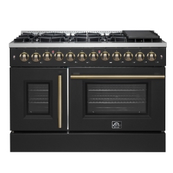 FORNO Galiano 48-Inch French Door Dual Fuel Range & Antique Brass Design, 8 Sealed Burners - 107, 000 Btu, Griddle, 6.58 Cu.ft. Double Ovens In Black