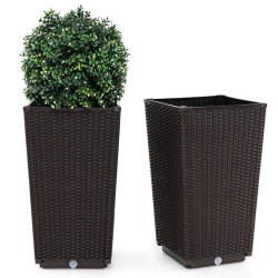 COSTWAY 23" Tall Planters Set Of 2 Rattan Wicker Plant Pot Self-Watering Tree Pot Black/brown