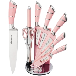 RETROSOHOO 9-Piece Kitchen Knife Set Non-Stick Coated Chef Knives \w Sharpener And Rotary Block, Stainless Steel for Cutting, Slicing, Dicing, And