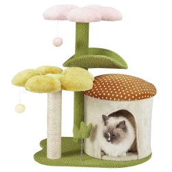 U-HOMY 30-Inch Cat Tree for Indoor Cats, Multi-Level Tower With Sisal Scratching Posts, Swing Ball & Plush Perches - In Green