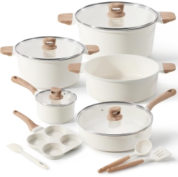 CAROTE Nonstick Pots And Pans Set, Cookware Set Induction Kitchen Cooking Set W/stock Pot & Saucepans Granite 13PCs In White