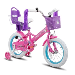 JOYSTAR Little Daisy 14 Inch Toddler Bicycle With Training Wheels, Doll Seat, Basket, Streamers, Princess Ride for Girls 3-5 Years In Fuchsia