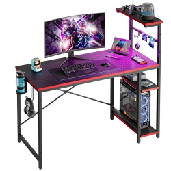 Bestier 44.3" Gaming Desk with RGB LED Light, Computer Desk with 4 Tier Reversible Storage Shelves, Hooks and Magnet