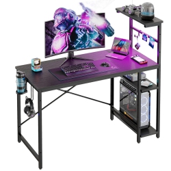 BESTIER 44.3" Gaming Desk With RGB Led Light, Computer Desk With 4 Tier Reversible Storage Shelves, Hooks And Magnet