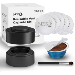 NESSUS Reusable Vertuo Capsule Kit, [Alseal Ez Fit] for Reusable Nespresso Pods \w 100 PCs Aluminum Foil Seal Lids, Holder, Brush, for Refilling