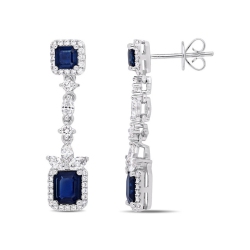 GEM AND HARMONY 1.00 Carat (Ctw Si) Diamond And 2.54 Carat (Ctw) Sapphire Dangle Earrings In 14K White Gold In Blue
