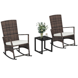 OUTSUNNY 3 Piece Wicker Patio Furniture Rocking Bistro Set, 3-Level Reclining High Back Rocking Chair And Glass Bistro Table Set Outdoor