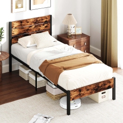 COSTWAY Twin/full/queen/king Bed Frame With Tall Industrial Headboard Heavy-Duty Metal Slats Support In Brown
