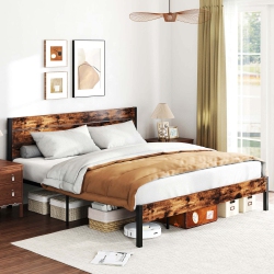 COSTWAY Twin/full/queen/king Bed Frame With Tall Industrial Headboard Heavy-Duty Metal Slats Support In Brown