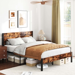 COSTWAY Twin/full/queen/king Bed Frame With Tall Industrial Headboard Heavy-Duty Metal Slats Support In Brown