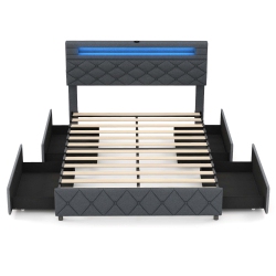 COSTWAY Full/queen Size Bed Frame With Led Lights & Charging Station & Modern Upholstered Bed
