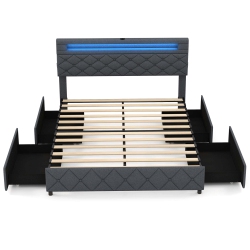 COSTWAY Full/queen Size Bed Frame With Led Lights & Charging Station & Modern Upholstered Bed