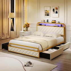 COSTWAY Twin/full/queen Size Bed Frame With Led Lights & Charging Station Storage Headboard & Drawers Golden
