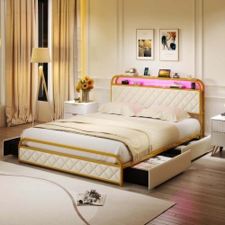 COSTWAY Twin/full/queen Size Bed Frame With Led Lights & Charging Station Storage Headboard & Drawers Golden