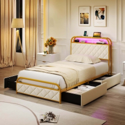 COSTWAY Twin/full/queen Size Bed Frame With Led Lights & Charging Station Storage Headboard & Drawers Golden