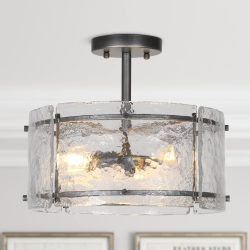 UOLFIN Modern Industrial 1-Light Spattered Rust Kitchen Semi-Flush Mount With Textured Glass Shade