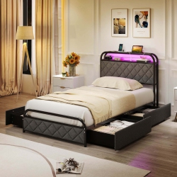 COSTWAY Twin/full/queen Size Bed Frame With Led Lights & Charging Station Storage Headboard In Black