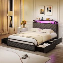 COSTWAY Twin/full/queen Size Bed Frame With Led Lights & Charging Station Storage Headboard In Black