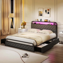 COSTWAY Twin/full/queen Size Bed Frame With Led Lights & Charging Station Storage Headboard In Black