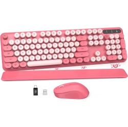 SABLUTE Wireless Retro Keyboard And Mouse Combo With Detachable Wrist Rest – 2.4Ghz Connection, Pink, Full-Size Typewriter Style, Spill-Proof Design