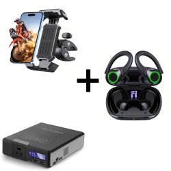 Wireless Earbuds with 64H Playtime, 41600mAh Power Bank with AC Outlets, and 360° Bike Phone Mount