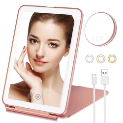 MYACUC Travel Makeup Mirror \w Light, Portable Lighted Makeup Mirror, Rechargeable Dimmable 3 Color Lights Vanity Mirror, Lighted Makeup Mirror for Home