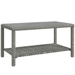 OUTSUNNY 35" Outdoor Wicker Coffee Table With Glass Top, Storage Shelf, Patio Pe Rattan Side End Table for Garden Porch Balcony Deck, Dark In Grey