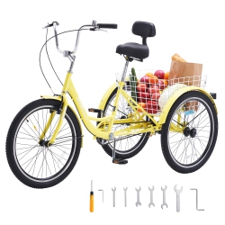 VEVOR 20 Inch Adult Tricycles Bike, Three-Wheeled Bicycles, 3 Wheel Bikes Trikes, Carbon Steel Cruiser Bike \w Basket & Adjustable Seat, Picnic