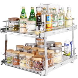 VEVOR 16"w X 21"d 2 Tier Pull Out Cabinet Organizer, Heavy Duty Slide Out Pantry Shelves, Chrome-Plated Steel Roll Out Drawers, Sliding Drawer