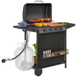 OUTSUNNY 4+1 Burner Propane Gas Bbq Grill, Portable Gas Barbecue Grill \w Side Burner, Thermometer, Lid, Side Table, Shelf, Spice Rack, Wheels