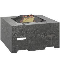 OUTSUNNY Square Fire Pit \w Fire Poker, Wood Burning Firepit for Outside \w Mesh Lid, Outdoor Fireplace for Patio Bonfire Camping, Magnesium Oxide