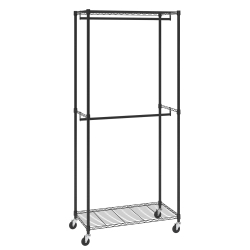 VEVOR 1" Diameter Heavy Duty Clothes Rack, Double Hanging Rods Clothing Garment Rack \w Bottom And Top Storage Tier, Rolling Clothing Rack For