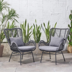YOULIGHTS Outdoor Wicker Metal Club Chair, Woven Rattan Chair With Cushions And Steel Legs for Porch, Backyard And Outdoors (Set Of 2) In Gray