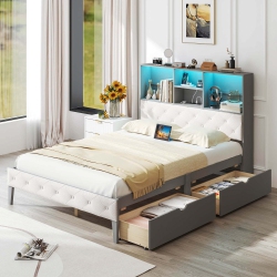COSTWAY Full Size Bed Frame With Bookcase Headboard Storage Bed With Led Lights In Gray