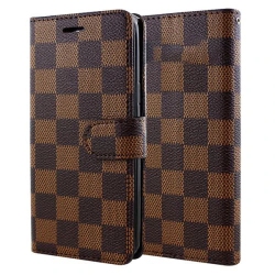 CSMART [Cs] Magnetic Card Slot Leather Folio Wallet Flip Case Cover for Iphone 16E Checker In Brown
