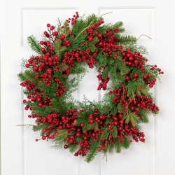 NORTHLIGHT Cedar, Pine And Berries Artificial Christmas Wreath - 28" - Unlit In Red