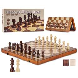 VEVOR 15 Inch 2-In-1 Magnetic Wooden Chess Set, Chess Checkers Game Set, Folding Chess Board Games for Adults Kids, 2 Queens Portable Travel Gift