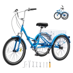 VEVOR 24-Inch 7-Speed Folding Adult Tricycle, Adult Folding Trikes, Carbon Steel 3 Wheel Cruiser Bike \w Basket & Adjustable Seat, Shopping Picnic