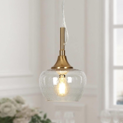 UOLFIN Modern Kitchen Island Hanging Pendant Light 1-Light Brass Mini Bedroom Pendant Light With Seeded Glass Shade In Gold