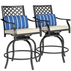 OUTSUNNY Outdoor Bar Stools Set Of 2, 360° Swivel Counter Height Patio Chairs \w Cushion & Pillow, 25 Inch Metal Bar Stools \w Footrest, Back