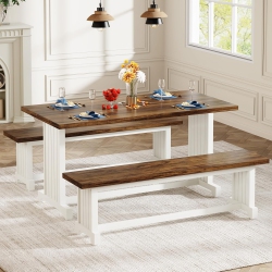 TRIBESIGNS 47" Dining Table Set for 2-4, Rustic Farmhouse Kitchen Style With 2 Benches & Brown In White