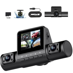 GREEN SCENIC 2.0-Inch 3-Way Quad-Lens Dash Cam - 1080P HD Recording, Parking Assist, G-Sensor, Loop Recording, 2-Inch Screen, Infrared Night Vision