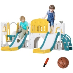 QABA 8 In 1 Slide And Swing Set \w Basketball Hoop, Climber, Toddler Slide Set Indoor Playground \w Aisle, Steering Wheel, Storage Space, Telescope