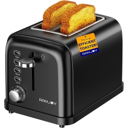 RAMJOY 2-Slice Toaster, Extra-Wide Slots, 7 Shade Settings, 4 Functions, Removable Crumb Tray, 900W Stainless Steel. In Black