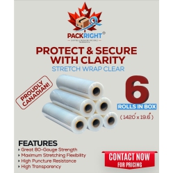 PACKRIGHT Industrial Grade Heavy Duty Clear Stretch Wrap Film - 6 Roll/case - 19.6 Inches X 1420Ft